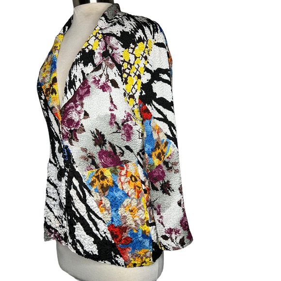 Alberto Malaki blouse size medium colorful long sleeve collar crinkle stretch ab - Picture 2 of 13